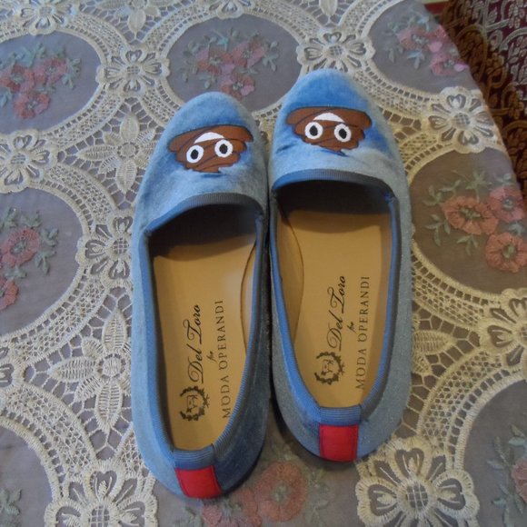 Del Loro Light Blue Velvet Poop Emoji Slip On Loafers Size 6.5M - Picture 6 of 14